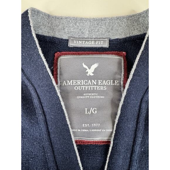 American Eagle Mens Wool Blend Cardigan Sweater L Navy Blue Elbow Patches Preppy - Picture 2 of 13